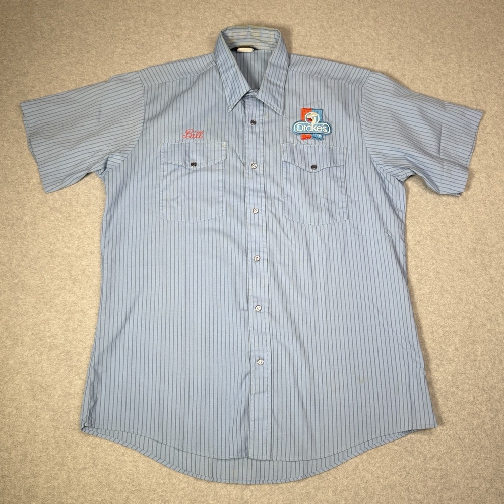Vintage 80s Protexall Drake's Cakes Bill Uniform Button Front Shirt Men's Large